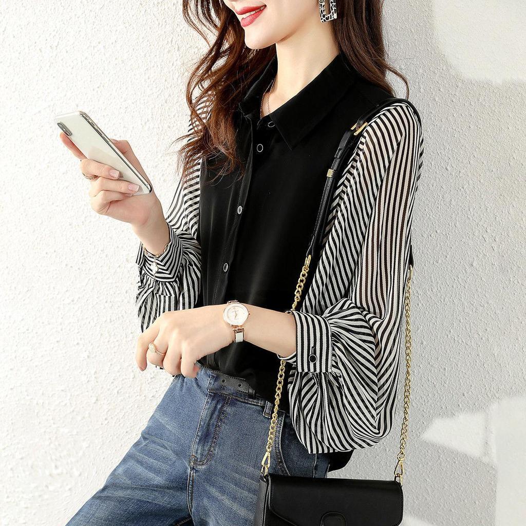 Spring Autumn Fashion Casual Loose Splicing Striped Korean Shirt Women