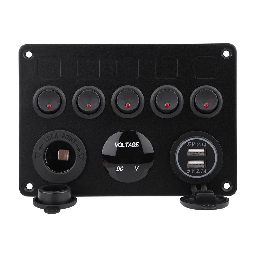 12-24V 5 Gang OnCelsiusOff Toggle   Panel Dual USB Voltmeter for Car Boat Marine Truck Green LED