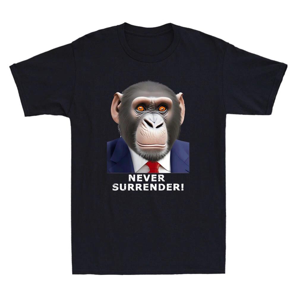 Mugshot of Chimp Never Surrender Funny Parody Humor Quote Vintage Men s T-Shirt XS