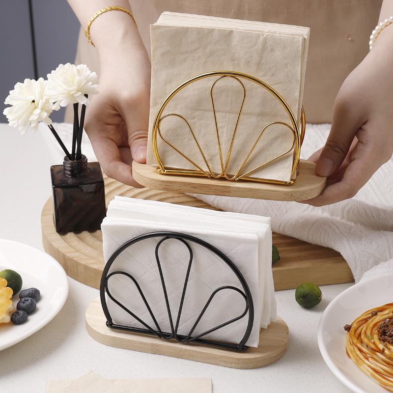 Nordic Wrought Iron Napkin Holder Creative Rubber Wood Base Tissue Clip Hotel Restaurant Vertical Square Towel Paper Storage