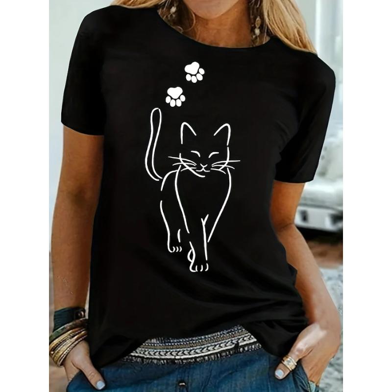 Plus Size Casual T-shirt Women's Plus Cute Cat Paw Print Short Sleeve Round Neck Medium Stretch T-shirt