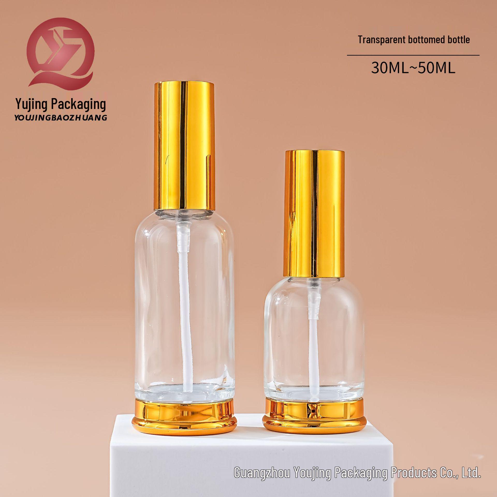 Youjing 30ml Gold Base Glass Bottle & 50ml Transparent Lotion Serums Bottle. 30ml; Transparent with Gold Sprayer and Lid