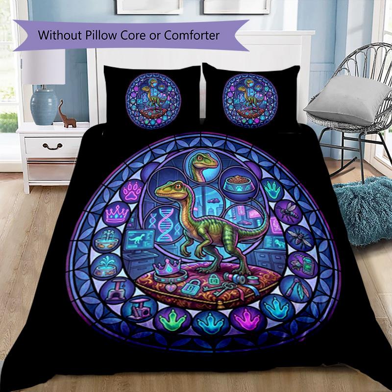 Dinosaur Kingdom Icons Pattern Bedding,Quilt Set Quilt Cover Pillowcase Home Birthday Gift (1 * Duvet Cover + 2 * Pillowcase, Without Core)