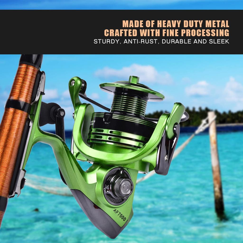 Lightweight metal spinning reel for saltwater fishing highly durable casting suitable for saltwater fishing (Green XF7000), ambidextrous, reel,
