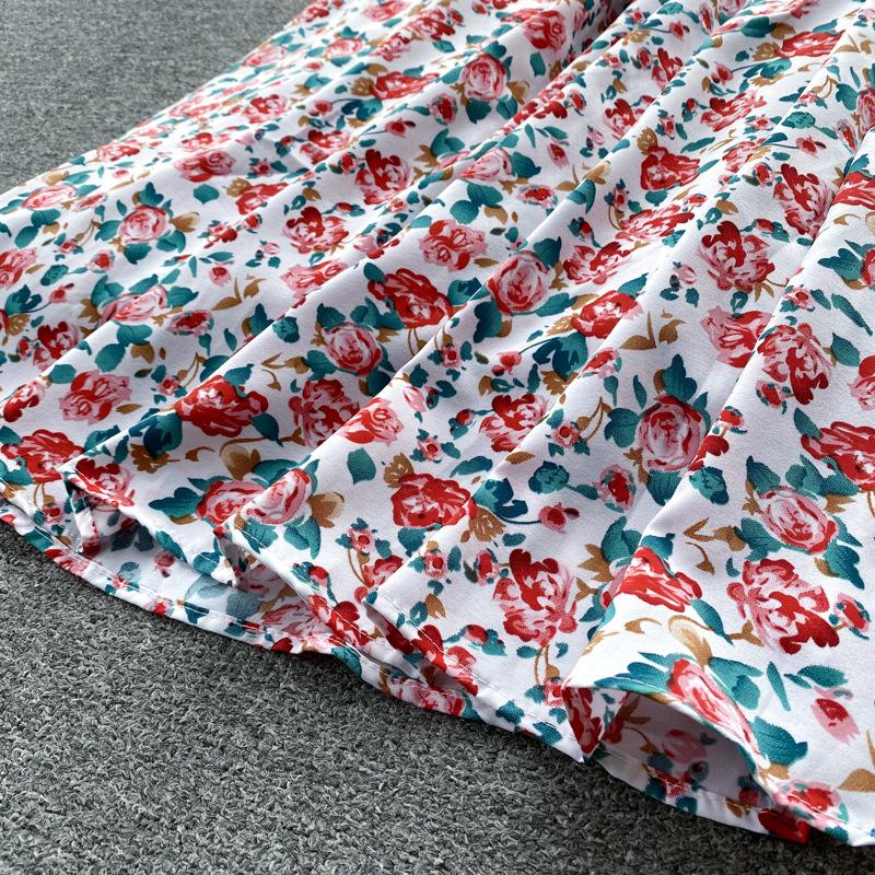 Women Summer Spring Short Sleeve Flower Print V-neck Casual A-Line Ankle-Length High Waist Dress