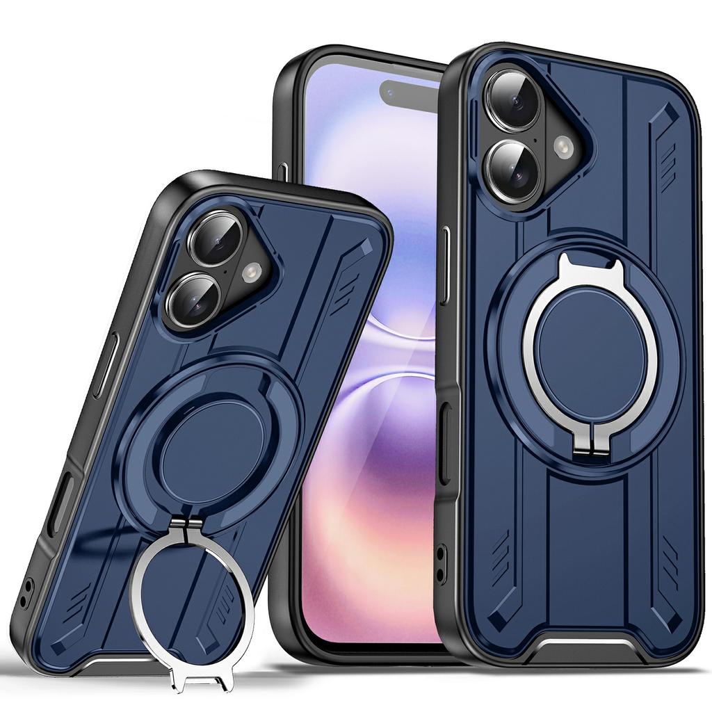 For iPhone 17 Case Compatible with MagSafe Rotating Ring Kickstand PC + TPU Shockproof Phone Cover