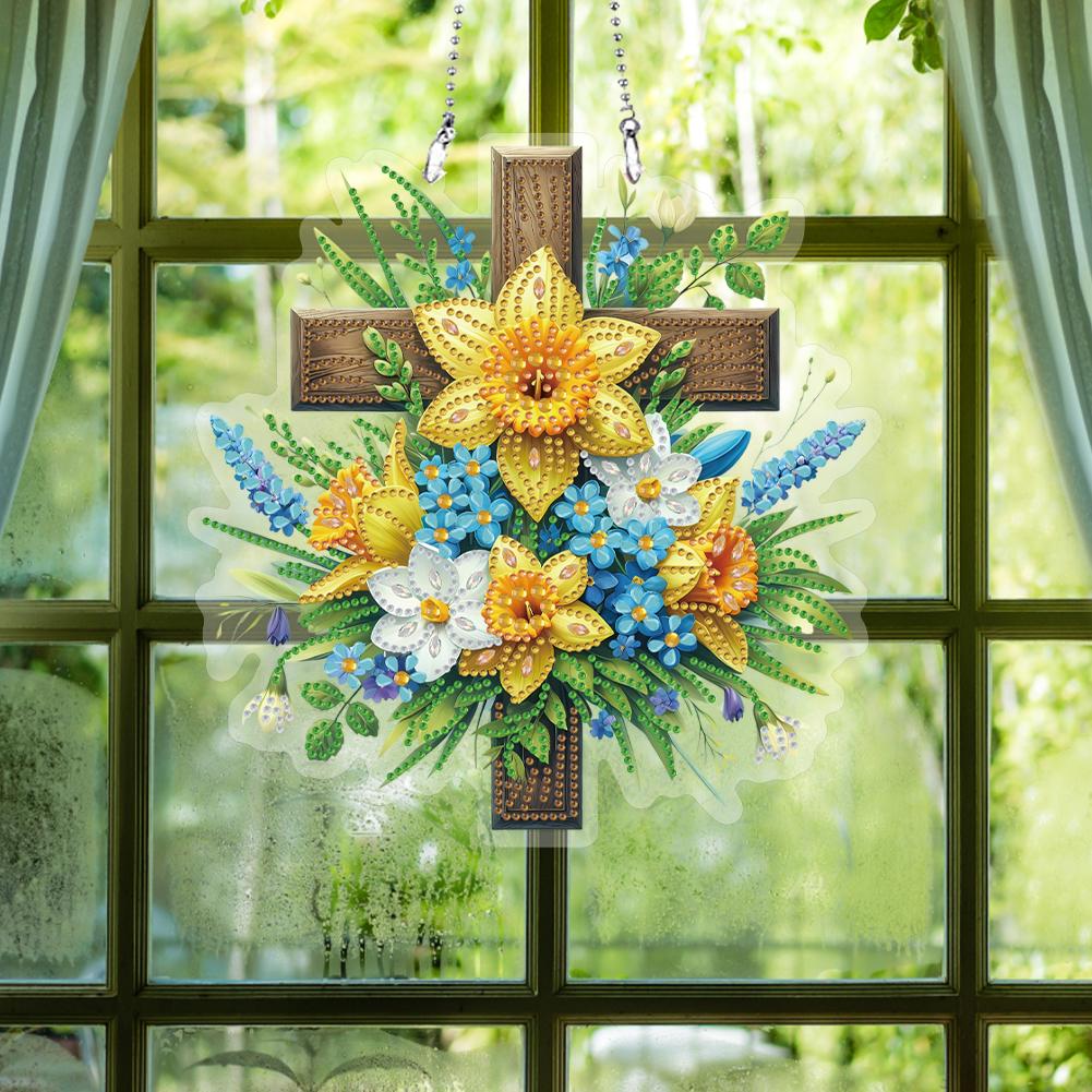 Acrylic Special Shaped Cross Flower Diamond Painting Hanging Decorations Rhinestone Diamond Art Window Pendants for Office Decor