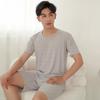 Men's Ice Silk Short Sleeve Pajama Set with Round Neck, Ribbed Shorts, and Versatile T-shirt for Indoors and Outdoors
