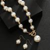 1pcs Light Luxury Gold Imitation Pearl Earring Necklace Set, High-End Clavicle Chain Fashionable Women'S Style