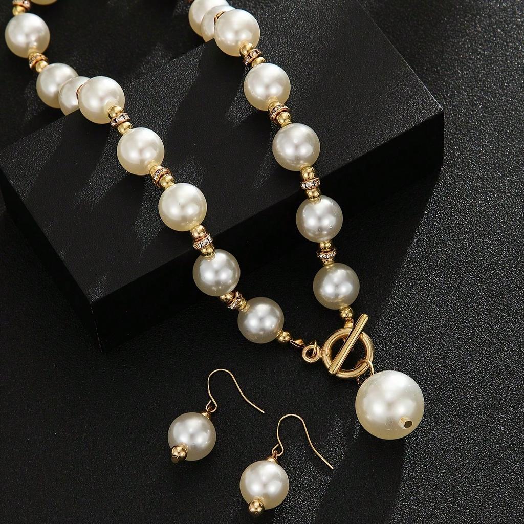 1pcs Light Luxury Gold Imitation Pearl Earring Necklace Set, High-End Clavicle Chain Fashionable Women'S Style