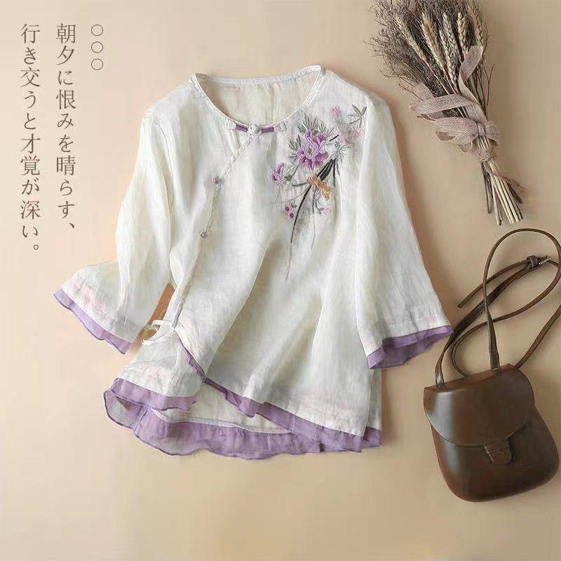 

Cotton and linen buckle design sense embroidery seven-quarter-sleeved ethnic style summer new T-shirt diagonal short-sleeved top tide M білий