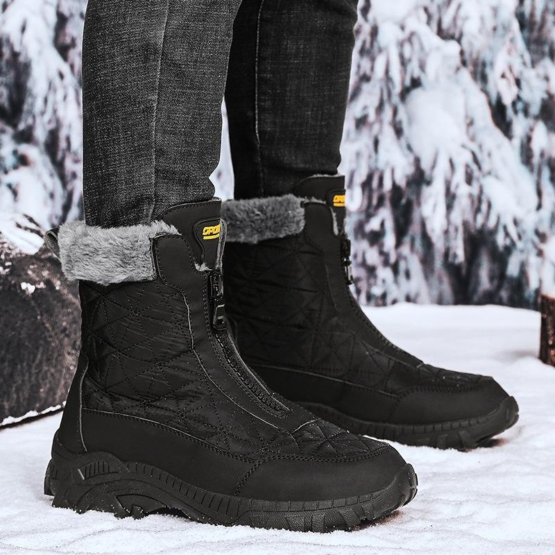 Large size front zipper snow boots men's velvet high-top cotton shoes winter waterproof large cotton boots