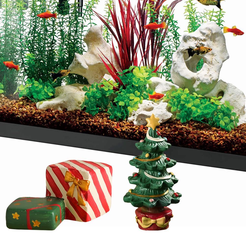 Fish Tank Aquarium Ornament Resin Christmas Tree Gift Box Ornament Christmas Landscaping Decor