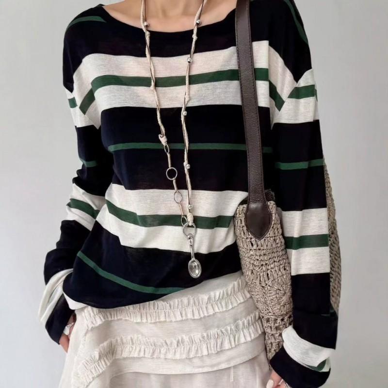 RARAMA 2026 Striped T-Shirt Lyocell Tencel Wool Blend One-Shoulder Convertible Vintage Style Sun Protection Cover-Up