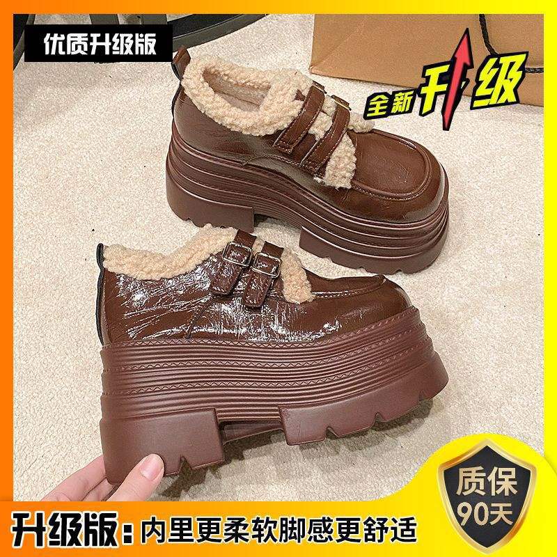 Heel Women's Shoes Platform Loafers 2025 Winter New Brown Small Leather Shoes Velvet Warm British Cotton Shoes