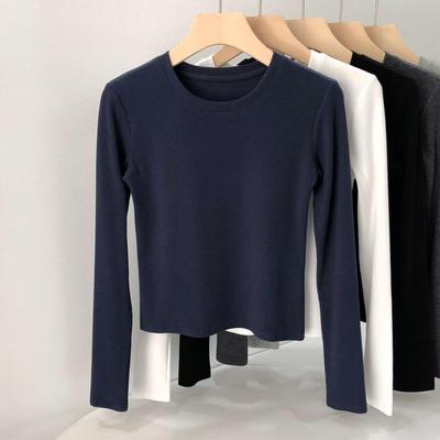 Spicy Girl Autumn/Winter Slimming Long Sleeve Women's T-shirt: Round Neck, Drop Shoulder, Cropped, Waist-Cinched.