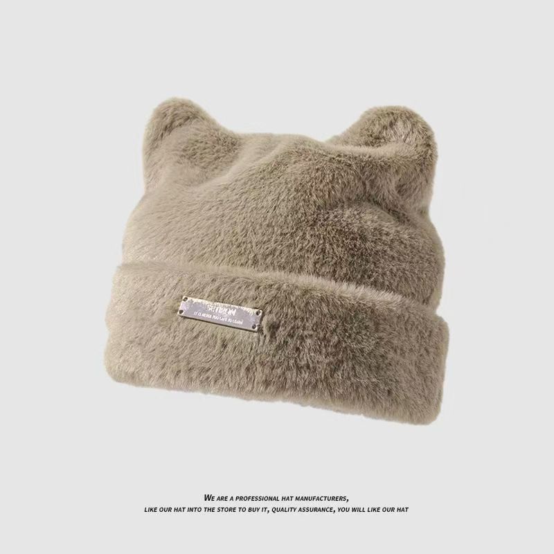 Autumn and winter bear ears plush hat women's thickened warm ear protection wool hat big head circumference versatile bag head knitted hat