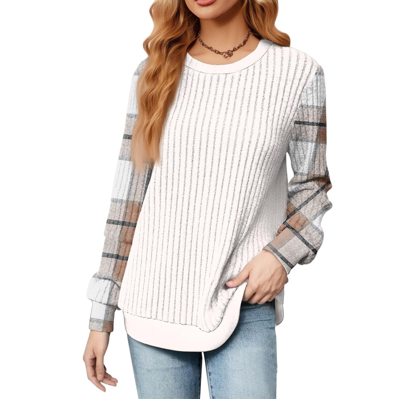 

Fashionable Women s Long Sleeved Lightweight Sweater Loose Round Neck Top S бежевый