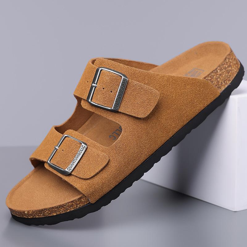 

Fashion New Designer Cow Suede Slippers for Men Summer Double Buckle Retro Slipper Shoes Male Solid Color Fashion Casual Flip Flops Man 39 коричневый