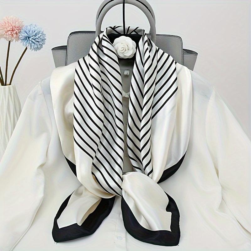 35.43" Black/White Striped Square Scarf, Elegant Simulated Silk Thin Shawl, Casual Sunscreen Windproof Head Wrap For Women