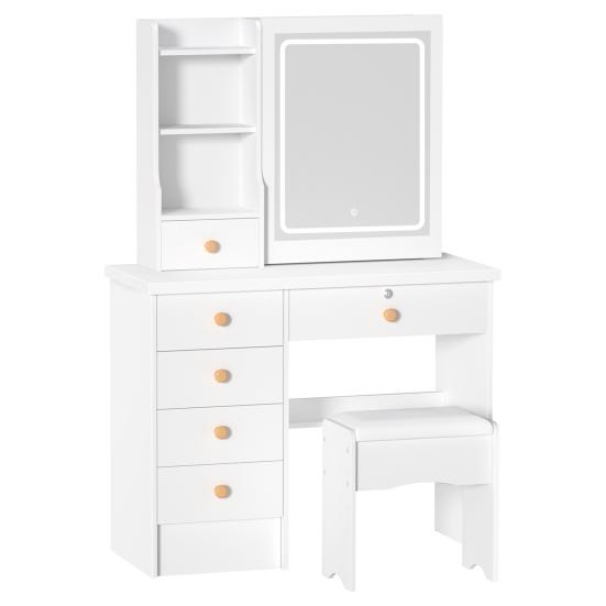 Schminktisch mit einstellbarer 3-Farben-Helligkeitsanpassung, verschiebbarem beleuchtetem Spiegel, Frisiertisch-Set mit 6 Schubladen und mehreren versteckten Ablageregalen