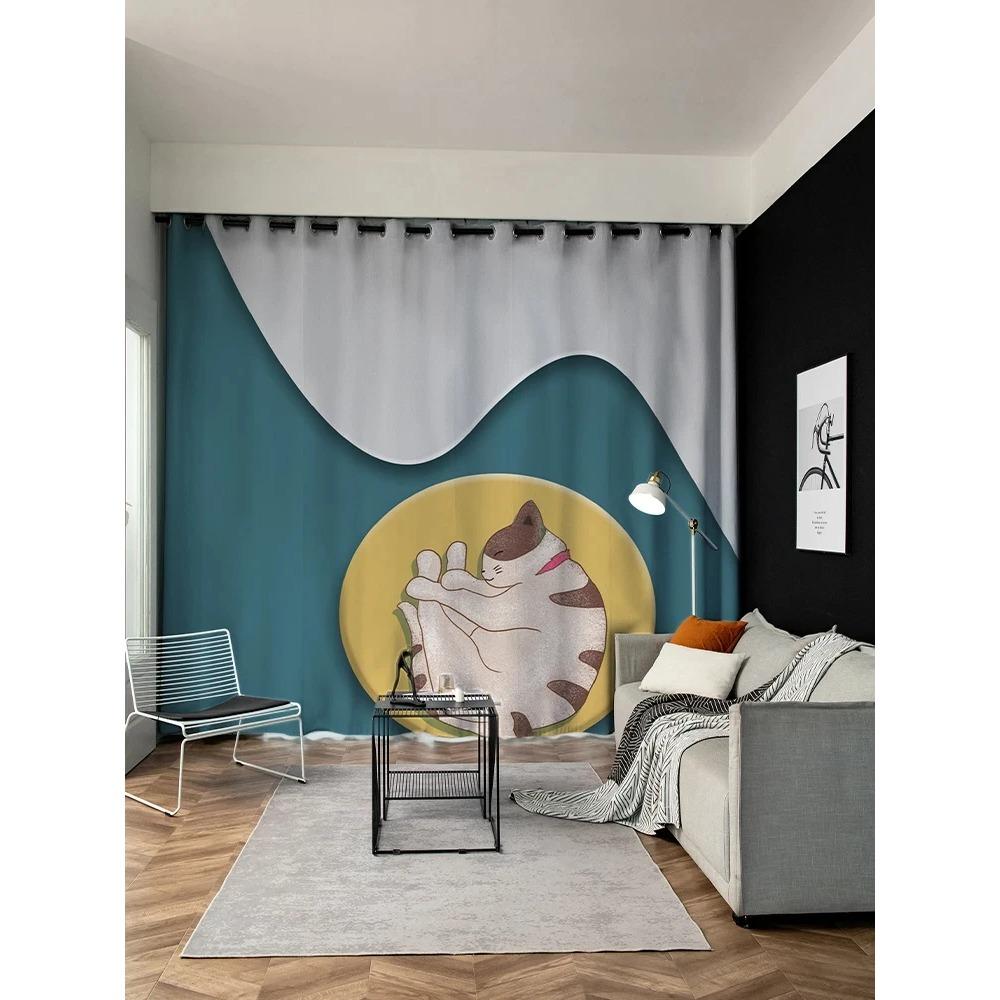 Cartoon Adorable Cat Print Pattern High Shading Drape Children's Bedroom Space Window Opening Drape Hook Top Ring New A Variety of Styles 2 Panels4