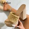 Fashion Liyke Cozy Wood Thick Bottom Open Toe 13.5CM Square High Heels Platform Slippers For Woman Shoes Summer Sandals Zapatos Mujer