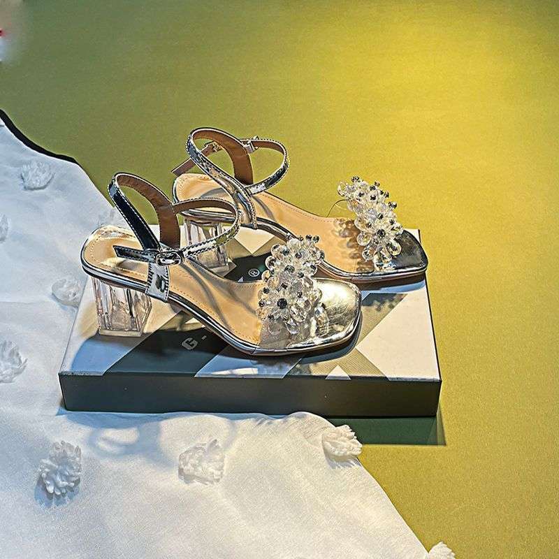 2025 Super Fire Sandals Fashion Rhinestone Word with Silver Thick Heel Square Head Crystal High Heels Women's Summer Skirt