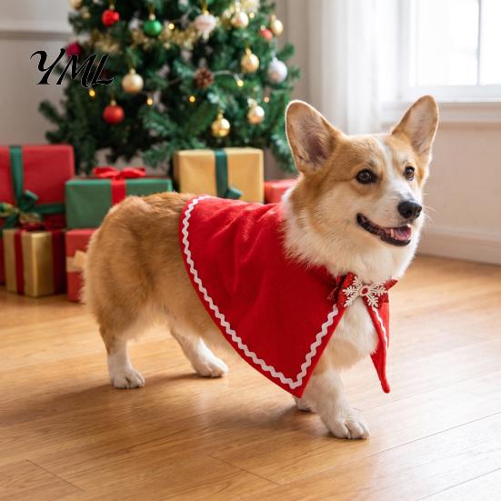 Cat Party Clothes Pet Christmas Cape with Bow, Red Cloak for Small Medium Dogs & Cats, Holiday Apparel Outfit White Wavy Trim, Festive Costume Pets