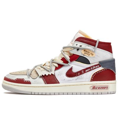 Air Jordan 1 ADCDAVINCI Custom, Exploration Plan Mid top Vintage Basketbalschoenen Dames Rood Wit DQ3726-100(TeamM-)