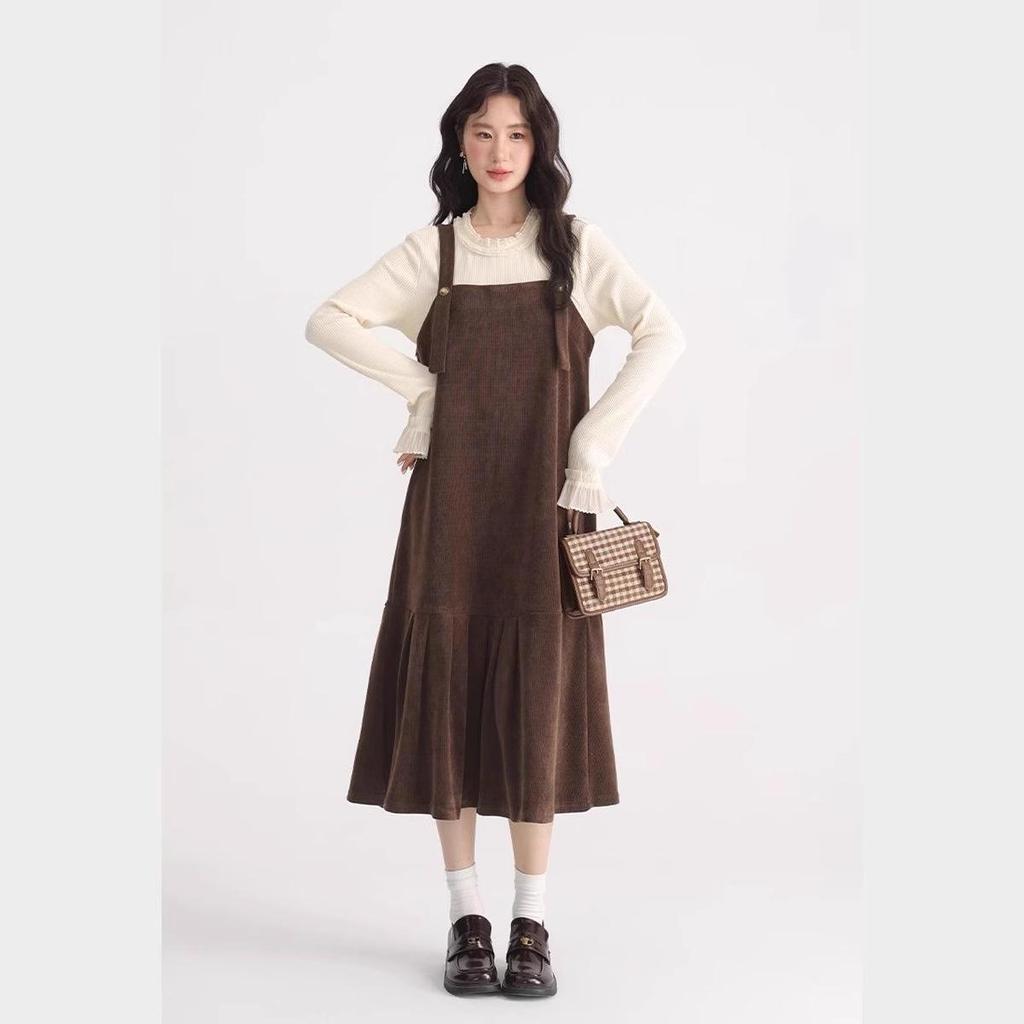 Women's French Corduroy Fishtail Overall Dress - Autumn/Winter Belly Slimming Suspender