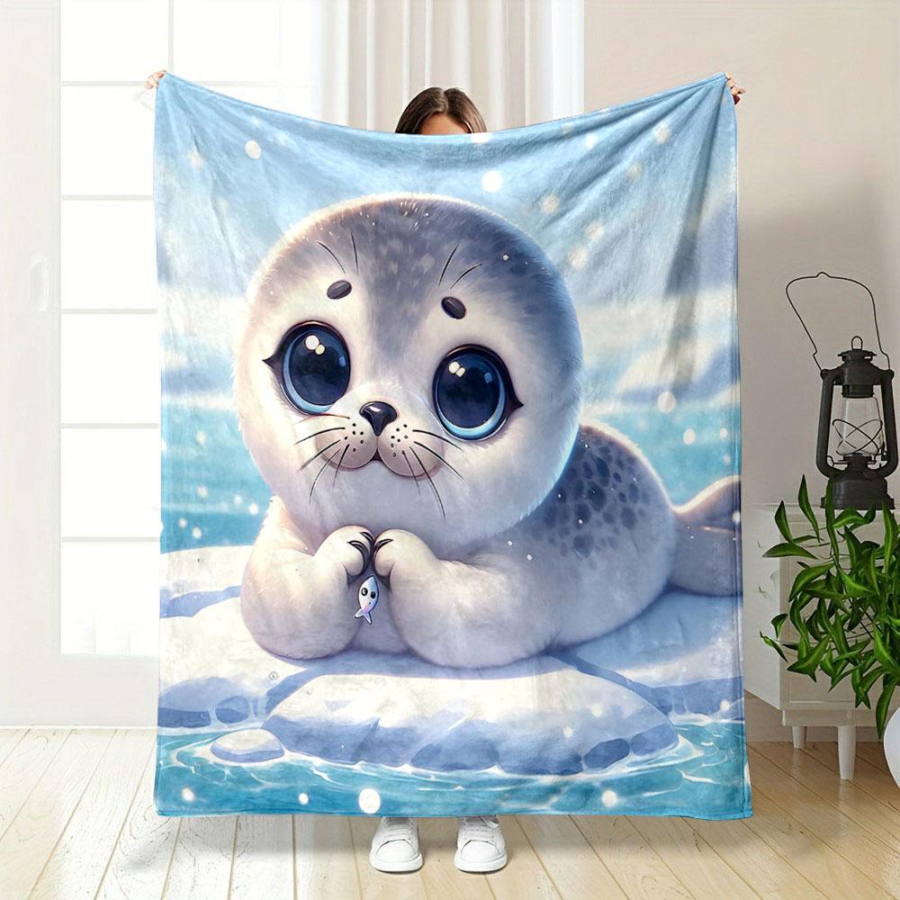 Cute Baby Seal On Ice with Tiny Fish Patterned Blanket, Flannel, Suitable for All Seasons, Home Decor, Warm and Cozy