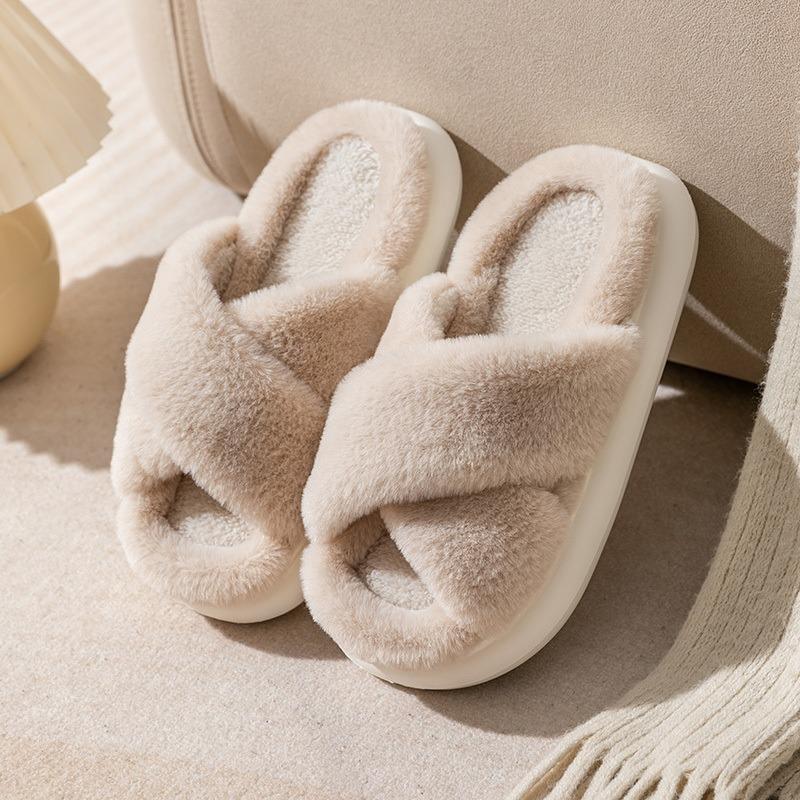 Cross Warm Fluffy Furry Slippers Women Lightweight Flat Heels Fur Slides Woman Autumn Winter Open Toe Non Slip Home Floor Shoes