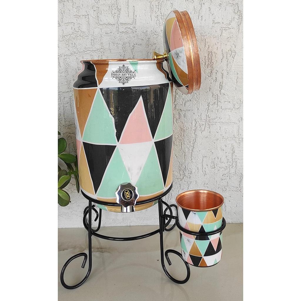 Pure Copper Colorful Triangle Printed Design Water Pot Heavy Gauge with Brass Tap & Copper Glass & Stand, Storage & Serving Water, Volume- 5 Liters