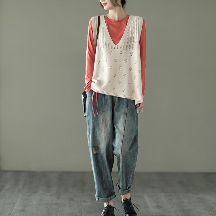 Einfarbige Strickweste Damen Herbst Aushöhlen Kapuzenweste Haken Blume Strickpullover V-Ausschnitt Lockere Freizeitweste Damen