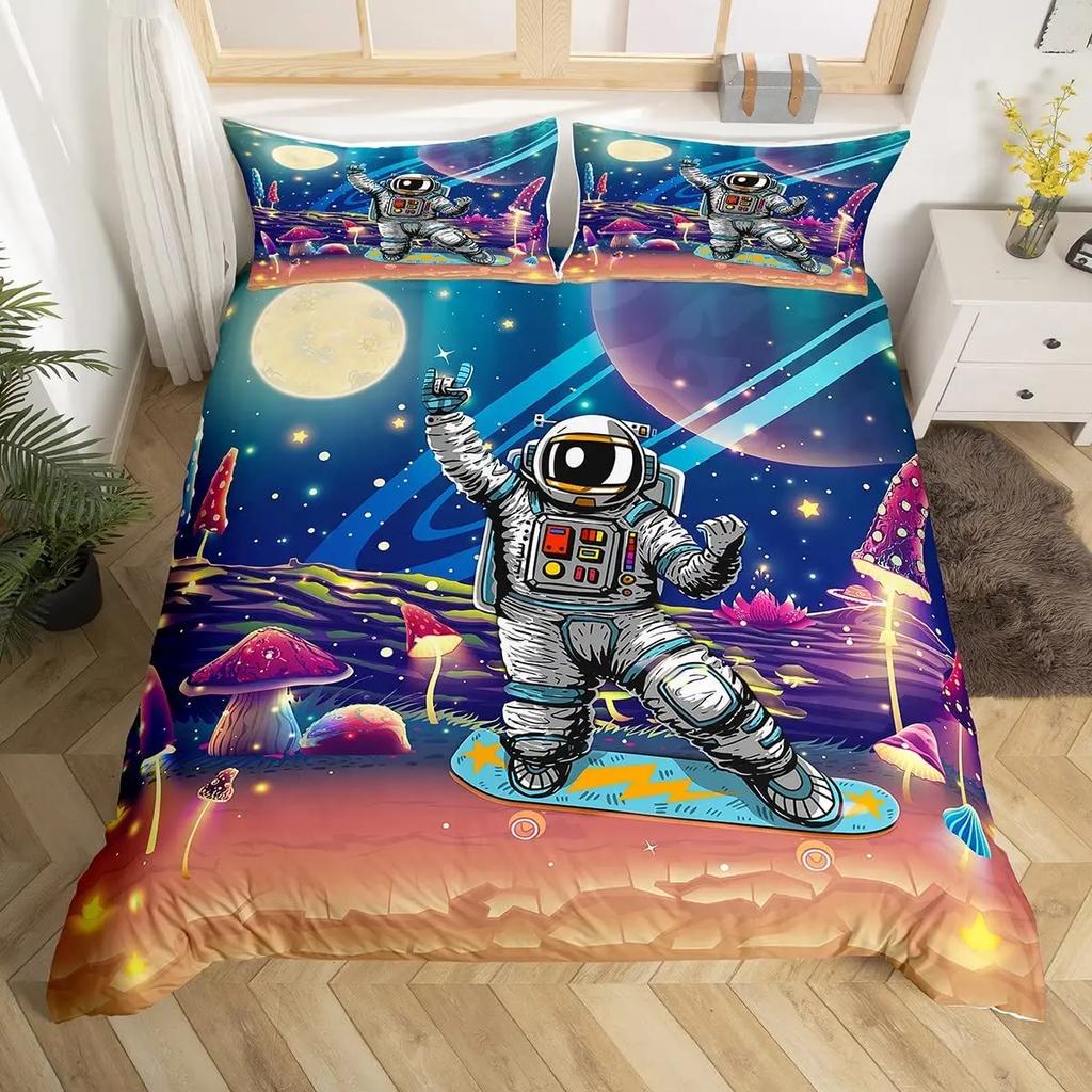 Cartoon Astronaut Duvet Cover Set Moon Clouds Starry Sky Quilt Cover Microfiber Galaxy Bedding Set Twin King For Boys Girls Gift