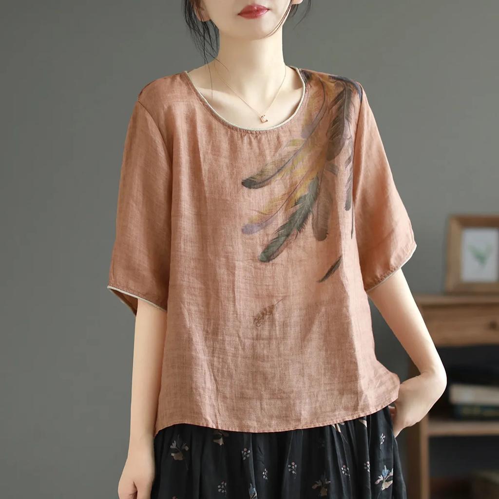 Bawełniano-lniany T-shirt Top Damski Letni Nowy Luźny Okrągły Dekolt Oddychający Cienki Z Nadrukiem Artystyczny Retro Krótki Rękaw Damski Top