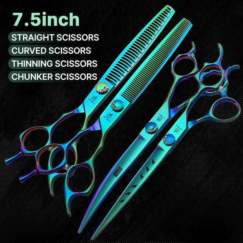 Fenice High-grade 7.0/7.5 inch JP440C Fluorescent Green Pet Grooming Scissors Shears Cutting&Curved&Thinner Set for Dog Groomer