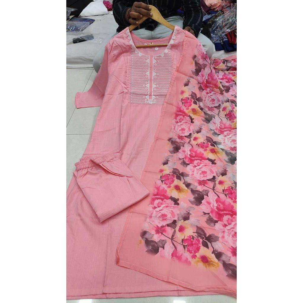 Women's Pink Rayon Slub Embroidered Straight Kurta with Rayon Slub Pant And Silk Printed Dupatta Sets