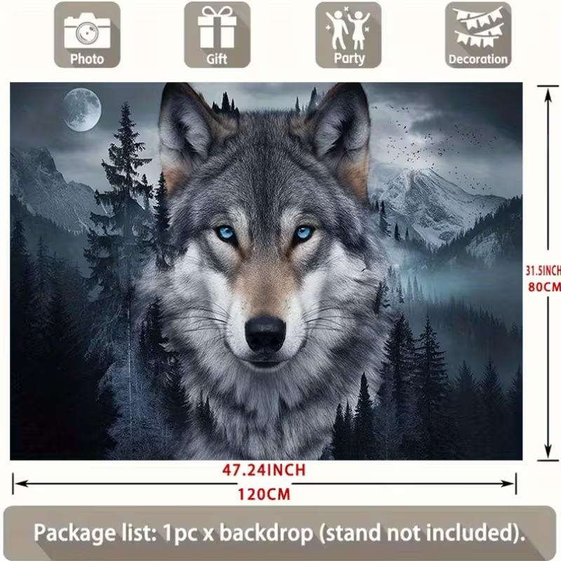 2D Blue Eyed Wolf Backdrop - Forest Moon Party Photo Booth Background