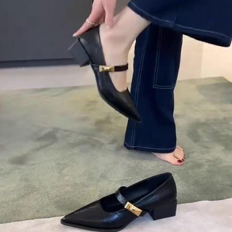 Temperament Mary Jane Single Shoes Women's Heightening Soft Leather Retro Shallow Mouth Pointed Head One-word Buckle Not Tired Feet High Heels