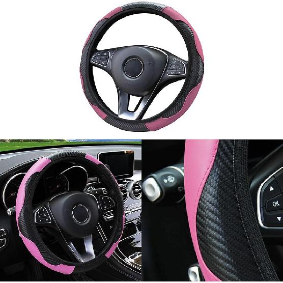 Car Steering Wheel Cover, 15 Inch Carbon Fiber Microfiber PU Leather Elastic Steering Wheel Protector For Men Women, Anti-Slip Breathable Car