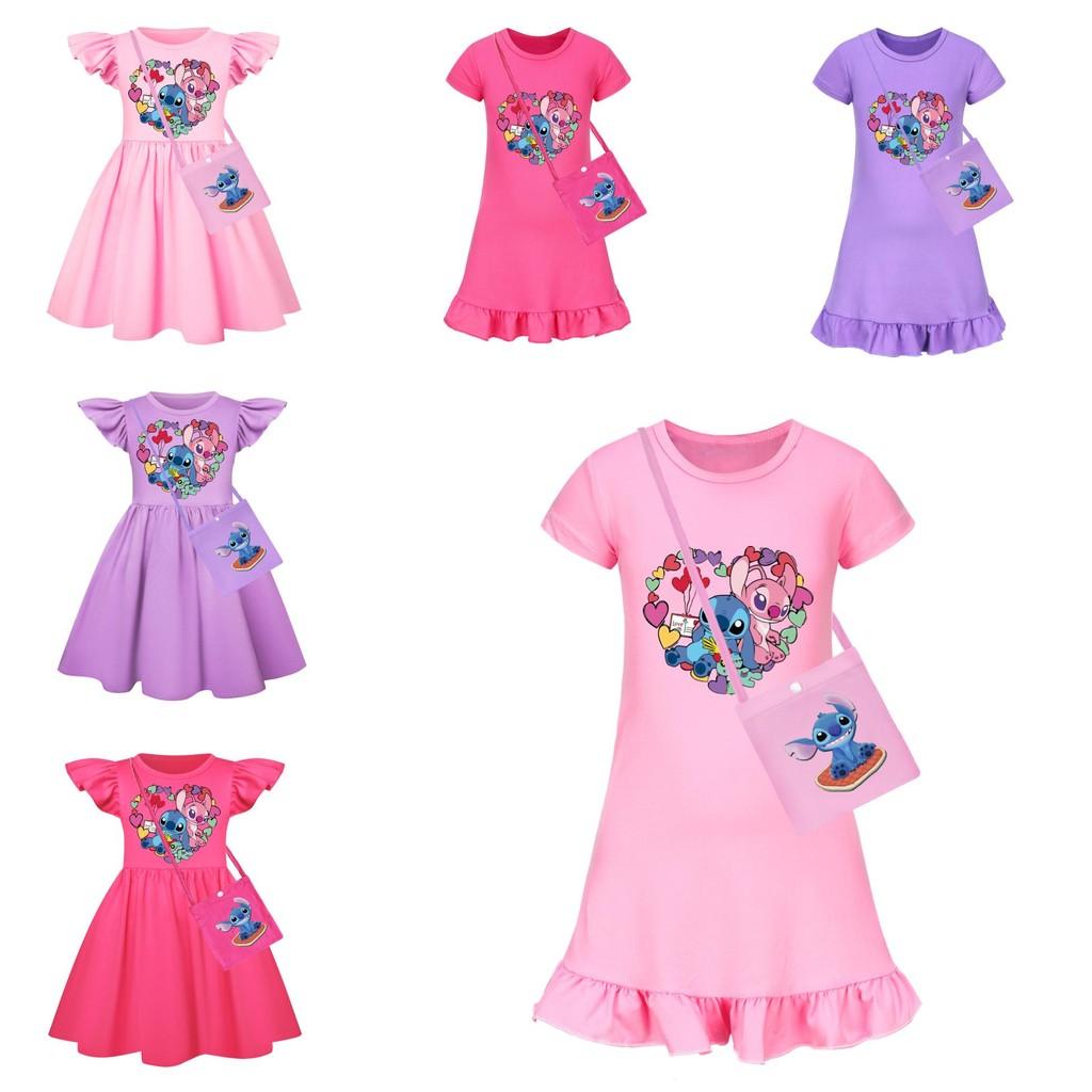 Girl Stitch Pattern Short Sleeve Nightdress With Ruffle Hem For Kids Fashion