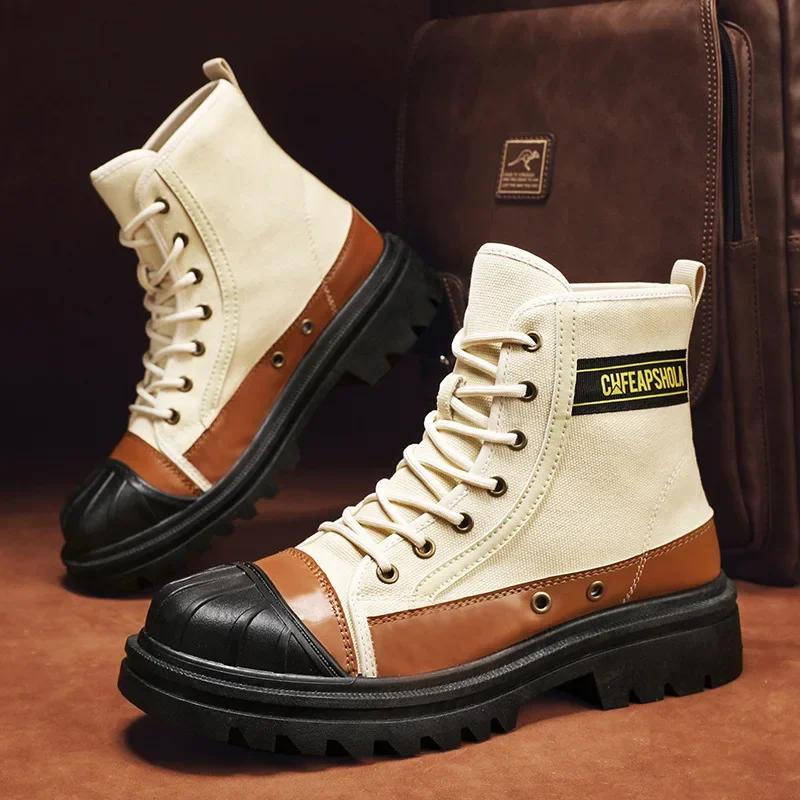 2025 New Men's High-top Anti-collision Work Boots 2025 Spring and Autumn Big-head Motorcycle Boots Canvas Shoes Fashion Boots