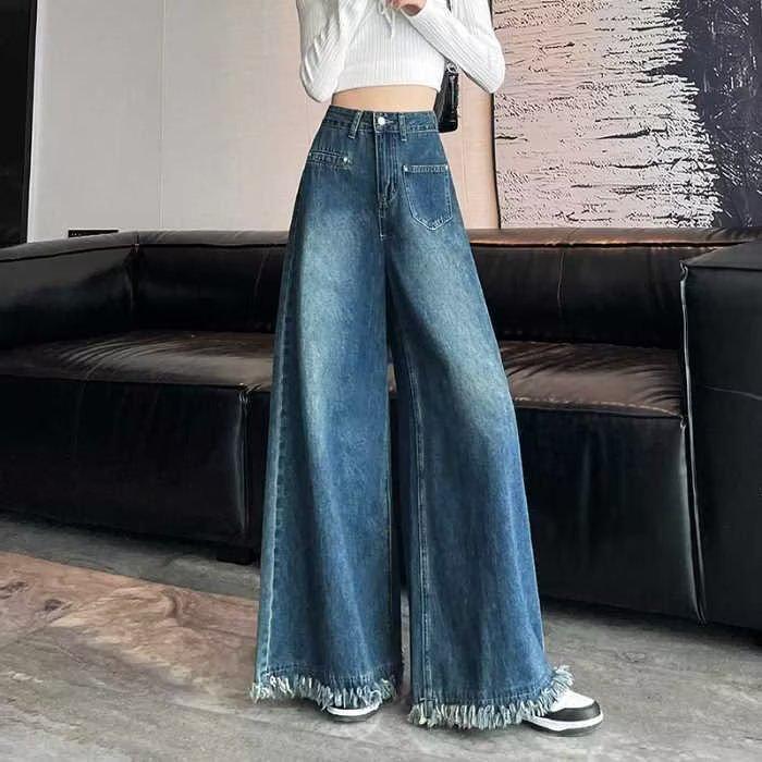 

Джинсы с высокой талией, в стиле ретро, с широкими штанинами и рваным краем для женщин M синий