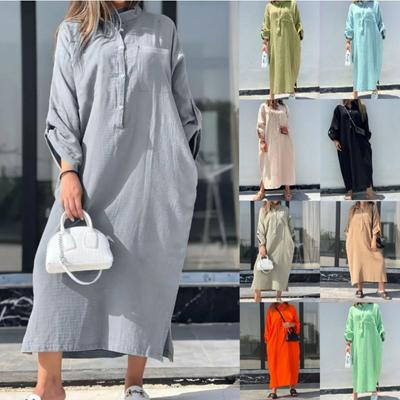 Summer Cotton Linen Long Dress Shirt Collar Twist Button Casual Dresses