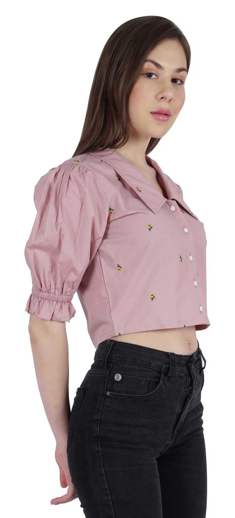 Moomaya Puff Sleeve Crop Top For Women Solid Button Down Collar Designer