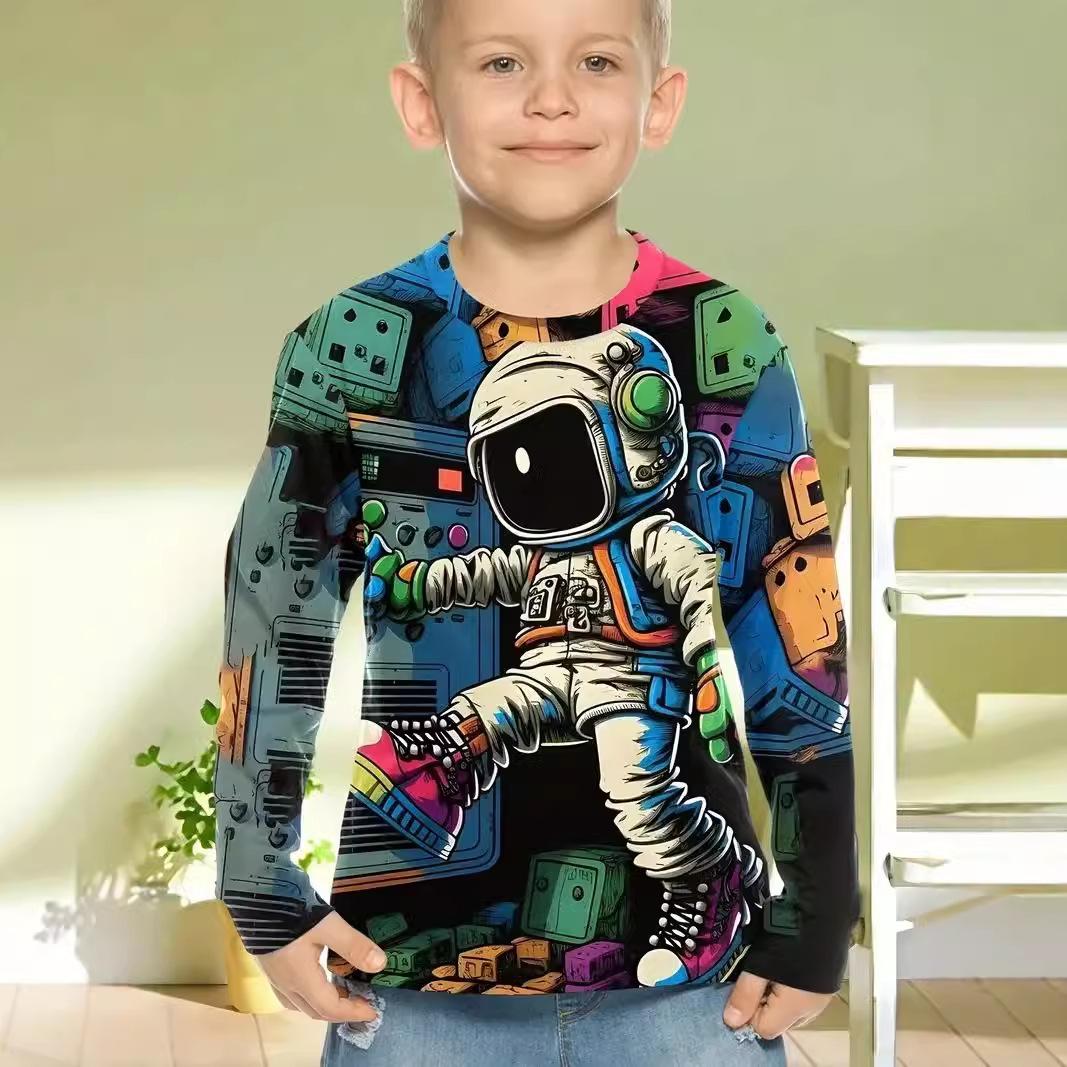 

Spring and Autumn Round Neck Astronaut Pattern 3D Printed Top Fashionable Casual Long Sleeved Children s Boy T-shirts 100