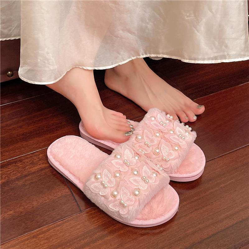 

Модные домашние тапочки женские короткий плюш повседневные плоские низкий каблук мех женская обувь слипоны шнуровка бусины жемчуг зимняя обувь большой размер 41 розовый