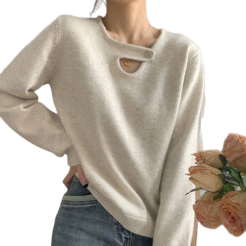 

Пуловер с V-образным вырезом на пряжках, Базовый свитер длиной до плеч, Женский зимний новый стиль, Толстый свитер внутренней вязки, Свободный и расслабленный стиль топ One size fits all грязно-белый